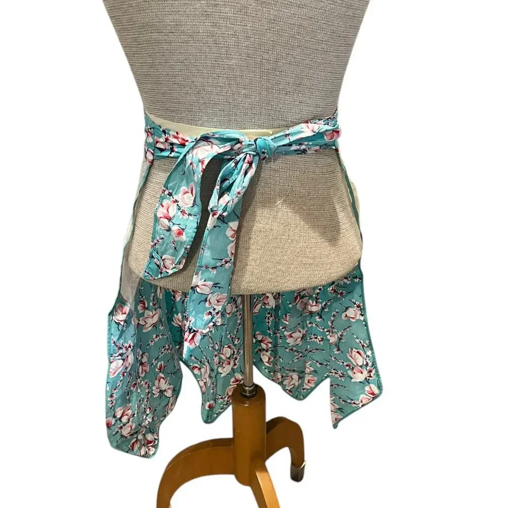 VTG 1950s Floral Womens Apron Turquoise Pink White Cotton Retro Cooking Baking